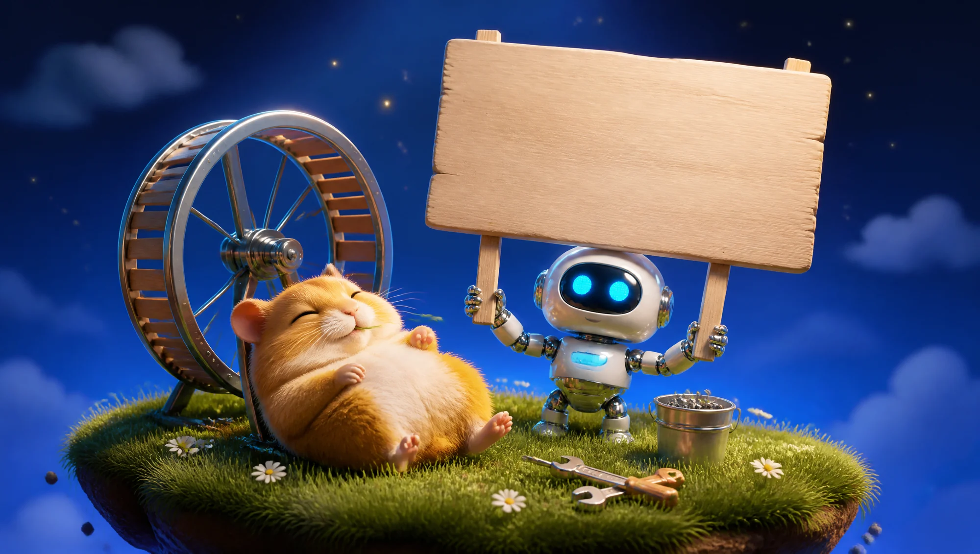 Ein Hamster macht Pause im Gras neben seinem stillstehenden Laufrad, daneben hält ein kleiner Roboter ein Holzschild mit der Aufschrift: Wir bauen.